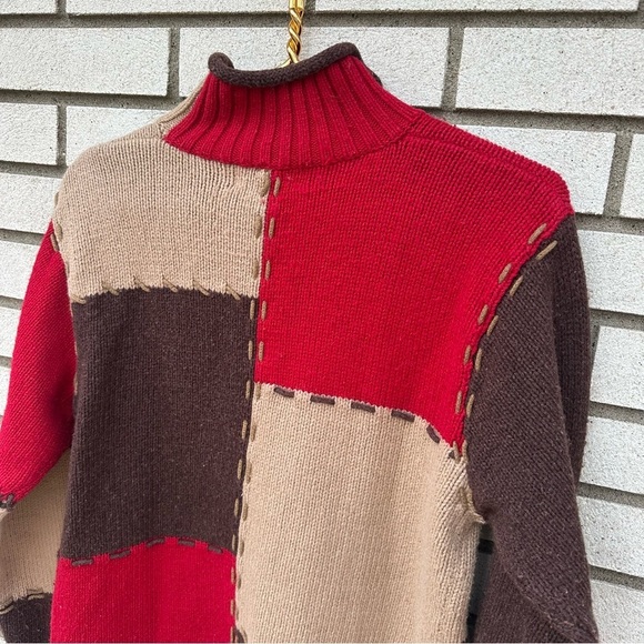 Mandal Bay Patchwork Tree Knit Sweater Red Brown Beige Fall Y2K Cottagecore M - Picture 9 of 10